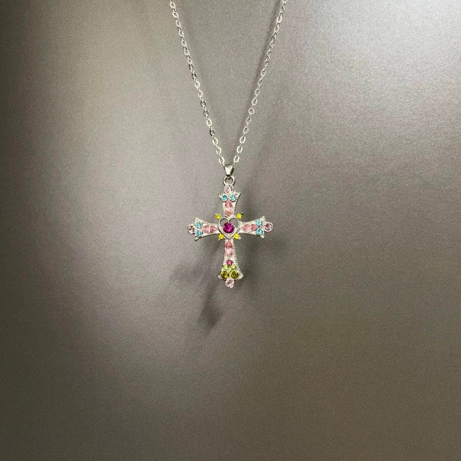Vintage Pink Heart Cross Necklace