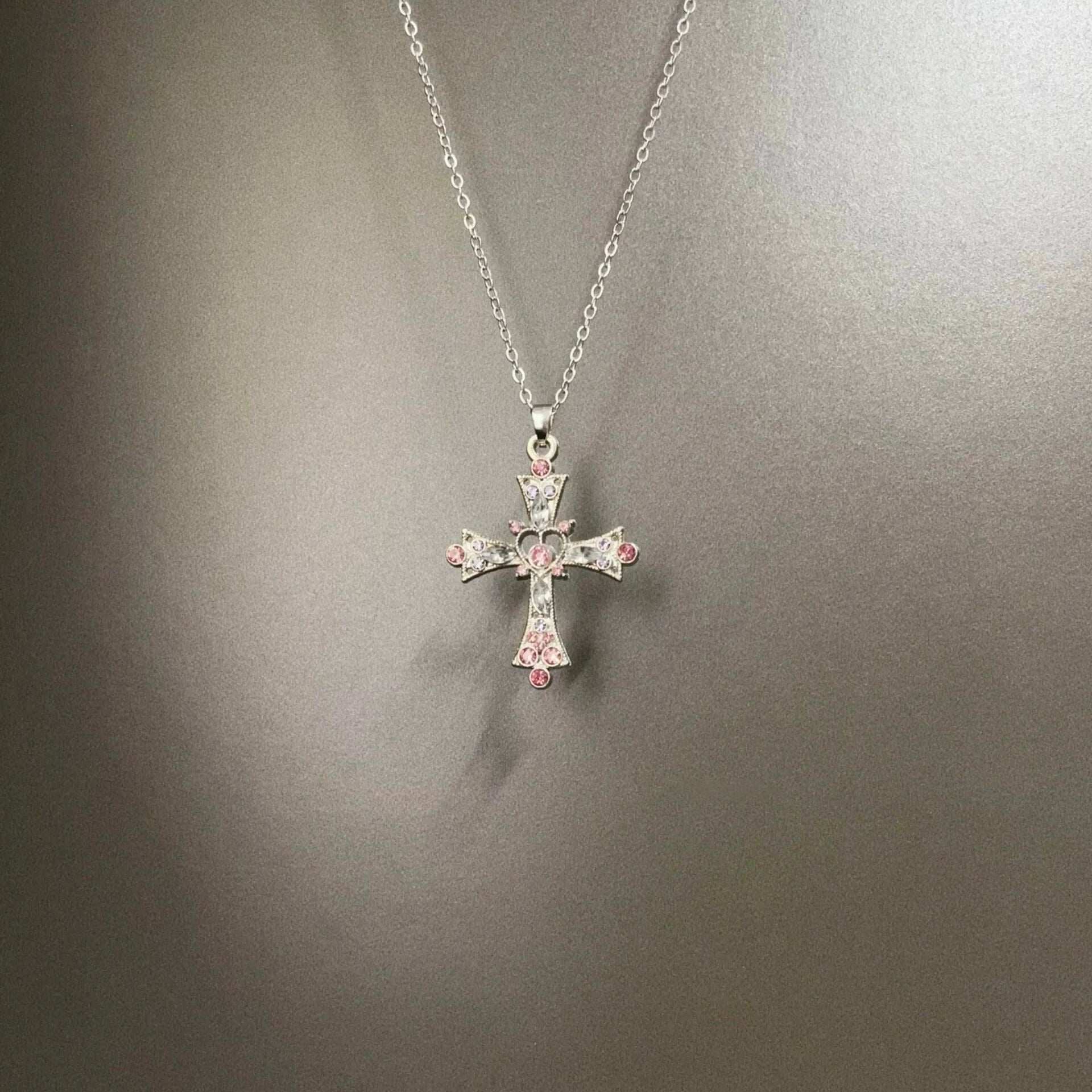 Vintage Pink Heart Cross Necklace