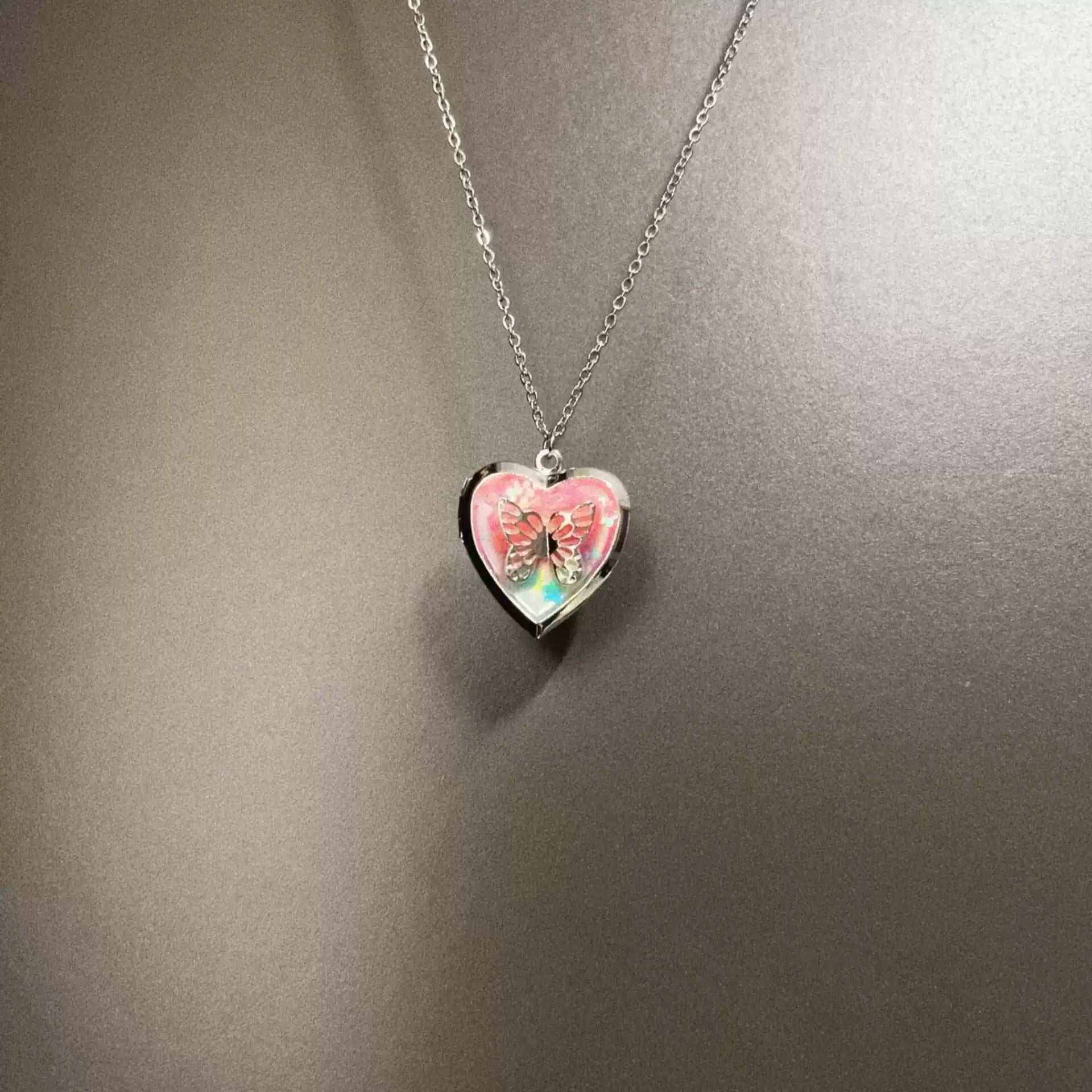 Vintage Pink Heart Butterfly Necklace